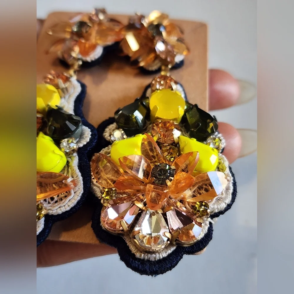 J. Crew NWT Yellow Orange Floral Beaded Rhinestone Stud Earrings